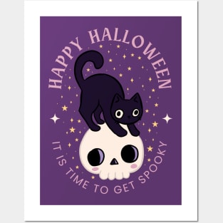 Happy halloween it is time to get spooky a cute cat on a skull Posters and Art